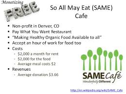 SAME Cafe Offers Organic Meals. Those who can pay, do. Those who cannot help.  Totally Different!